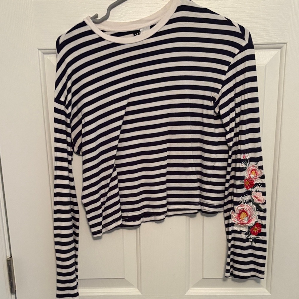 H&M Navy Striped Long Sleeve Top with Floral Detail